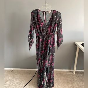 MAXI LONG SLEEVE BLACK FLORAL PRINTED CHIFFON SUMMER/BEACH DRESS
